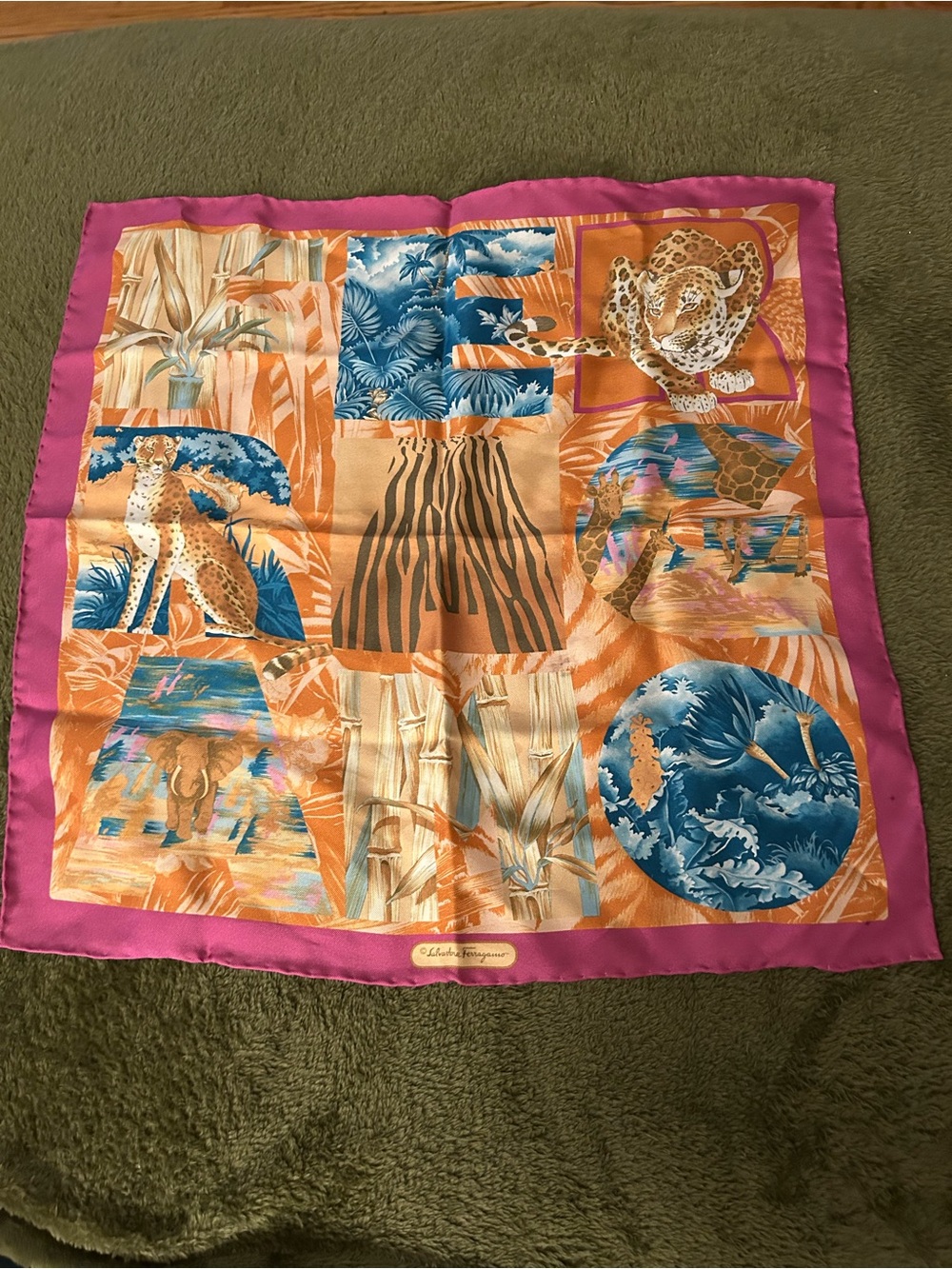 Salvatore Ferragamo Silk Animal Print Square Scarf Pink Border 16x16" Vintage